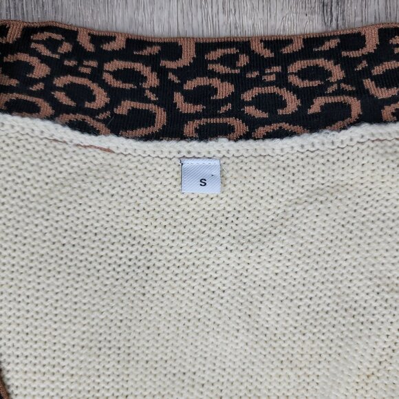 Vintage-Style cable Knit Cardigan With Leopard Print Trim Pearl Buttons S brown - Picture 5 of 5